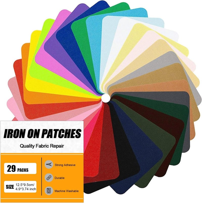 MOONSJONES Iron on Patches for Clothes Fabric Repair, 29 PCS Multi-Colored Reparing Decorating Kit for Ripped Inside & Outside Pants, Jeans, Jacket, Tents, Hat, Canvas(9.5 cm x 12.5 cm) - Image 1